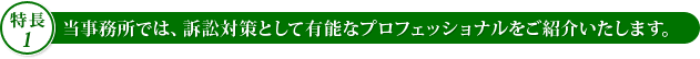 【特長1】当事務所では、訴訟対策として有能なプロフェッショナルをご紹介いたします。